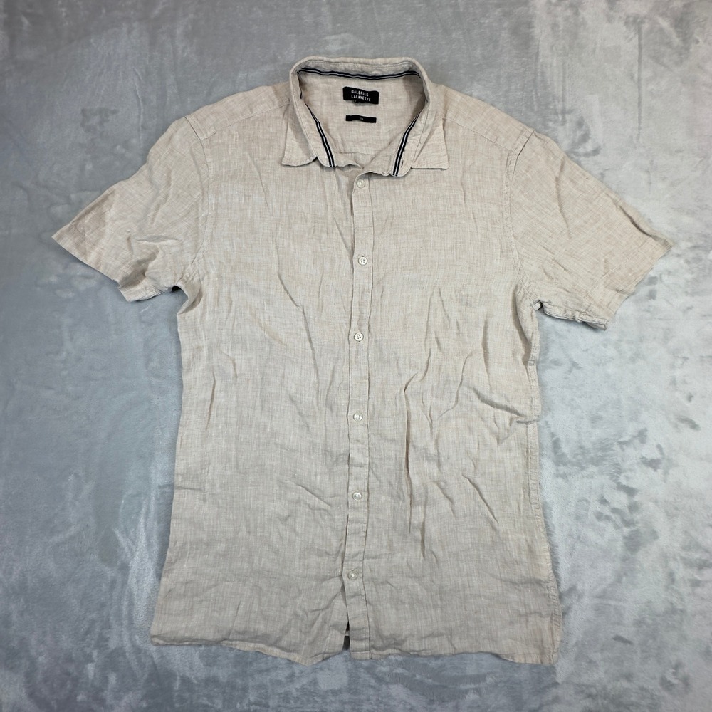 Galeries Lafayette Shirt Mens M Beige 100% Linen Short Sleeve Button Down Casual